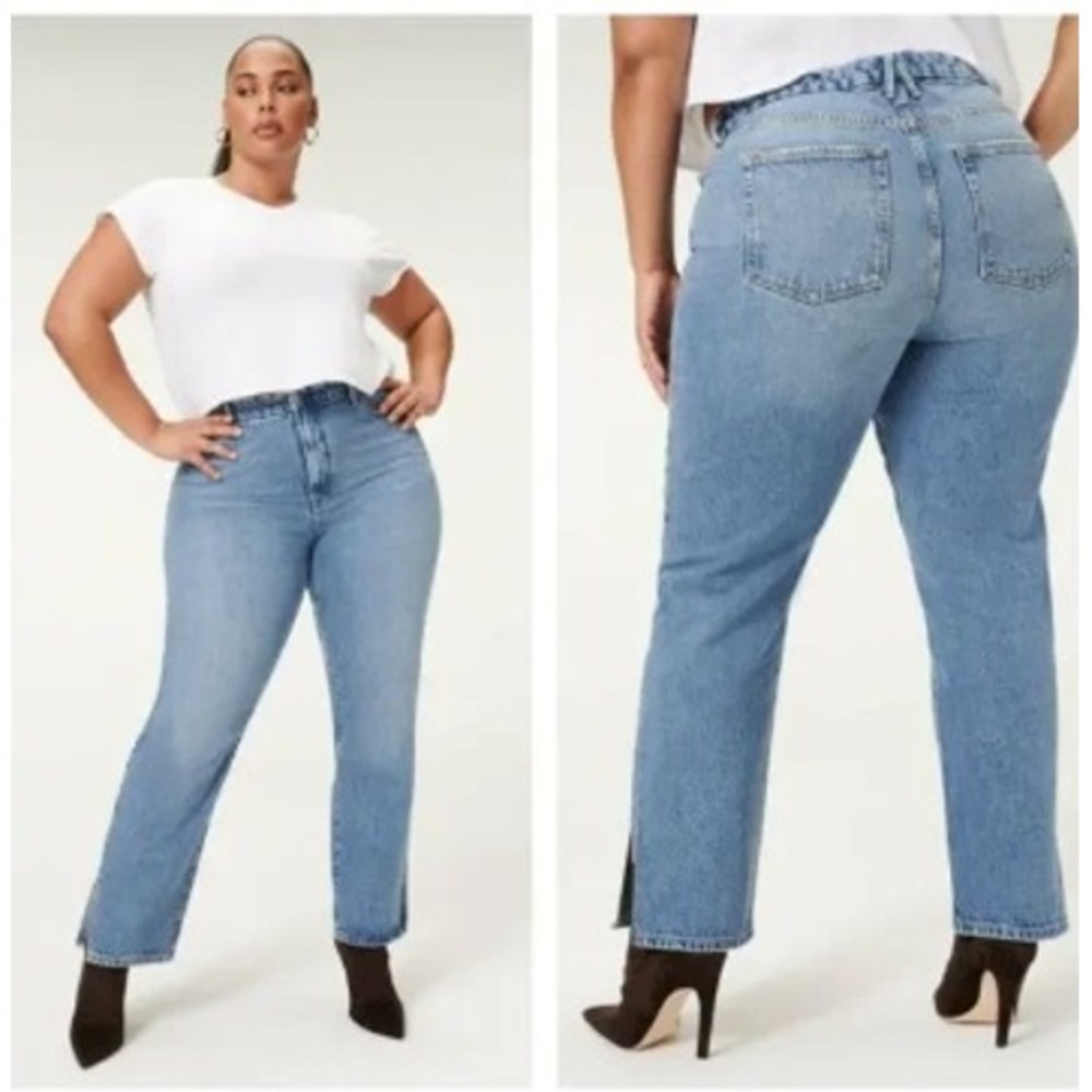 Good American Good Boy Jeans 20W NWT Indigo497 Light Wash Curvy Split Hem‎ Indie